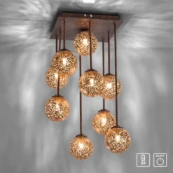 Deckenleuchte, braun-gold, Landhaus-Stil, 9 Spots, lichtdurchlässig, rost