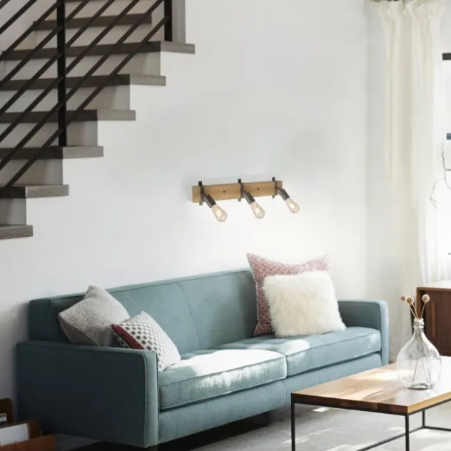Deckenleuchte, Metall, Holz, bewegliche Spots, rustikales Design, modern