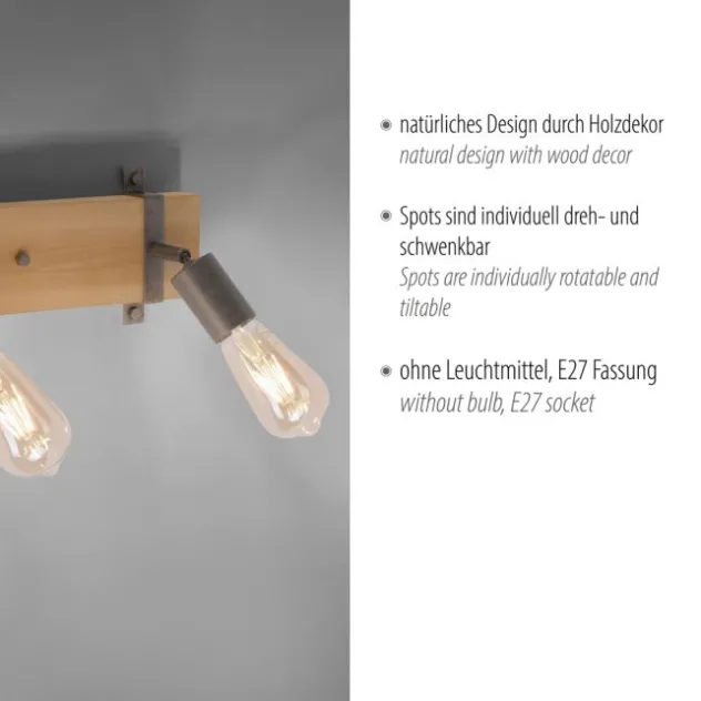 Deckenleuchte, Metall, Holz, bewegliche Spots, rustikales Design, modern