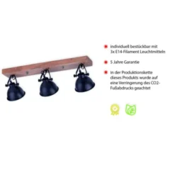 Deckenleuchte, schwarz, 3-flg, Retro-Optik, Vintage Stil, Holzbalken