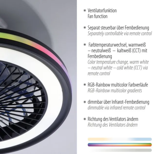 Deckenventilator, Deckenleuchte schwarz, Drehrichtungswechsel mit Rainbow RGB