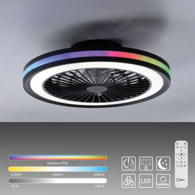 Deckenventilator, Deckenleuchte schwarz, Drehrichtungswechsel mit Rainbow RGB