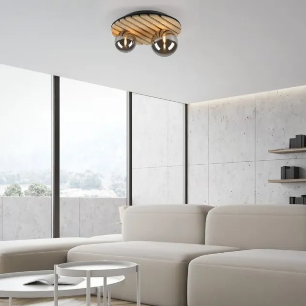 JUST LIGHT LED Deckenleuchte GERDA STIKA Eiche Holz-natur rund Akustikpanel