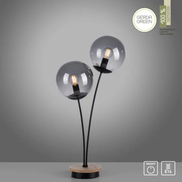 JUST LIGHT LED Tischleuchte Holz GERDA WIDOW rauchfarben Schnurschalter