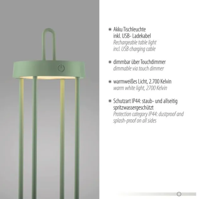 LED Akkulampe Tischleuchte grün 50cm Touchdimmer IP44 Gartenleuchte