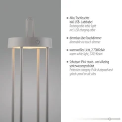 LED Akkulampe Tischleuchte greige 50cm Touchdimmer IP44 Gartenleuchte