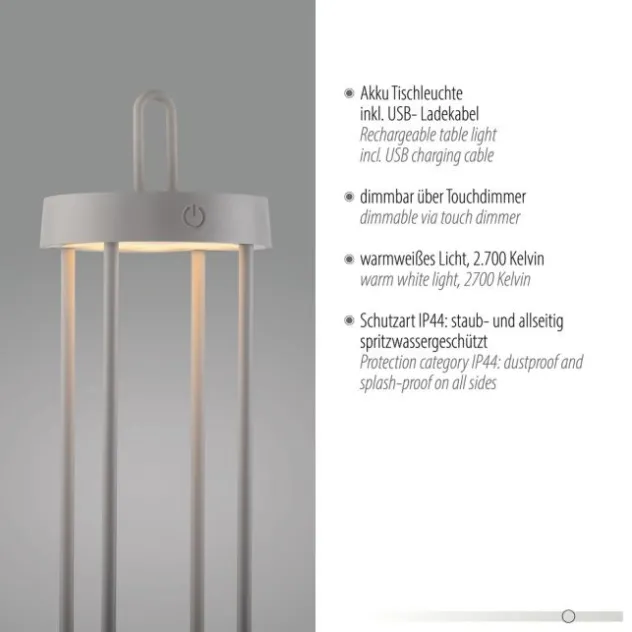 LED Akkulampe Tischleuchte greige 50cm Touchdimmer IP44 Gartenleuchte