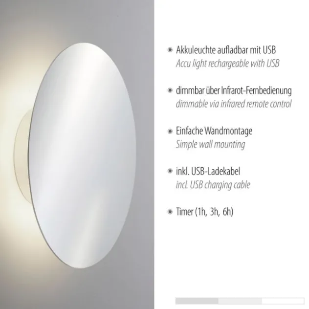 LED Akkuleuchte AKKU 25cm chrom Timerfunktion USB dimmbar