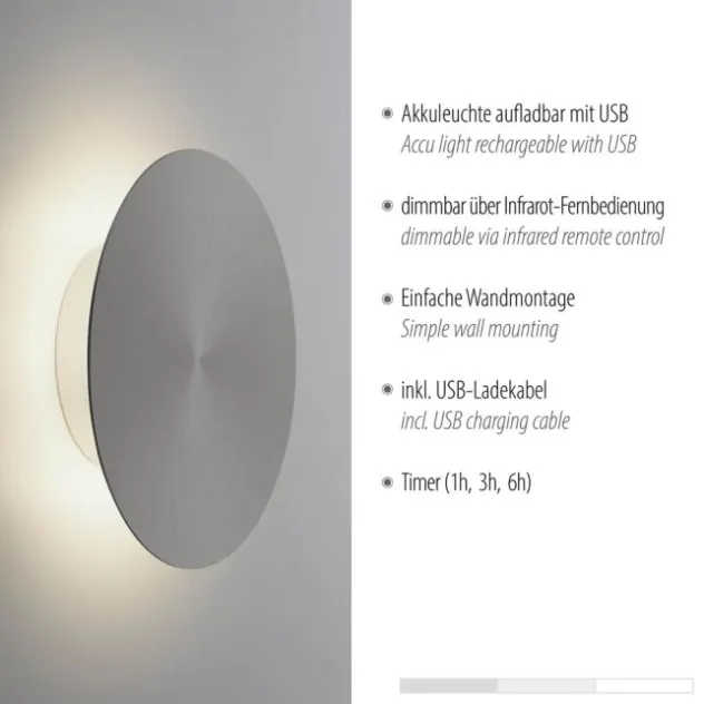 LED Akkuleuchte AKKU 18cm grau Timerfunktion USB dimmbar