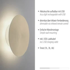 LED Akkuleuchte AKKU 18cm messing matt Timerfunktion USB dimmbar