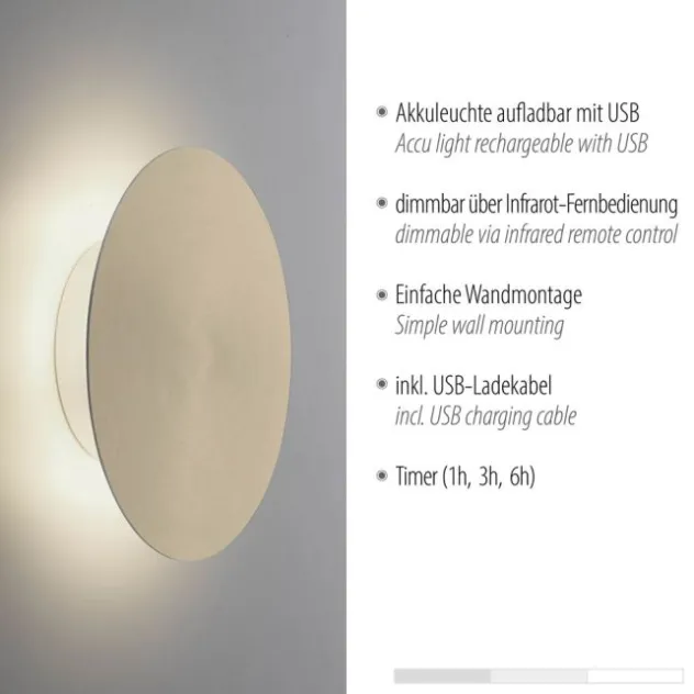 LED Akkuleuchte AKKU 18cm messing matt Timerfunktion USB dimmbar