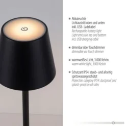 LED Akkuleuchte schwarz Steh- und Tischleuchte Touchdimmer IP54 Außenbereich