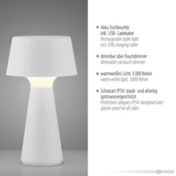 LED Akkuleuchte Tischleuchte weiß Touchdimmer IP54 USB Innen-Außenbereich