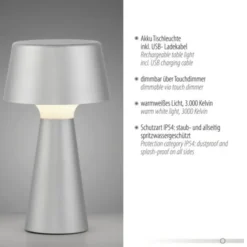 LED Akkuleuchte Tischleuchte silber Touchdimmer IP54 USB Innen-Außenbereich
