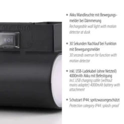LED Akku Wandleuchte AKKU-ZIDDY, schwarz, Bewegungsmelder, aufladbar
