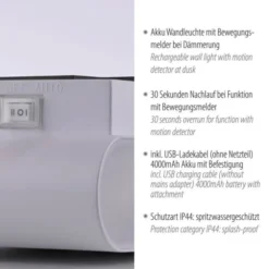 LED Akku Wandleuchte AKKU-ZIDDY, weiss, IP44, aufladbar, Bewegungsmelder
