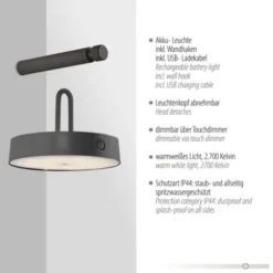 LED Akku Wandleuchte schwarz dimmbar per Touch IP44 Memoryfunktion