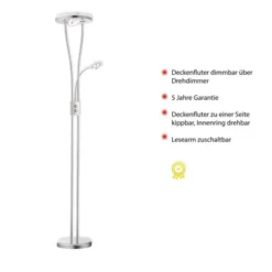 LED-Deckenfluter, stahlfarben, Leseleuchte, dimmbar, warmweißes Licht