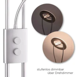 LED-Deckenfluter, stahlfarben, Leseleuchte, dimmbar, warmweißes Licht
