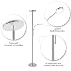 LED-Deckenfluter, stahlfarben, flexibler Lesearm, dimmbar, modern, Büro