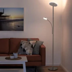 LED-Deckenfluter, stahlfarben, flexibler Lesearm, dimmbar, modern, Büro