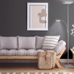 LED-Deckenfluter, stahlfarben, flexibler Lesearm, warmweiß, Touchschalter