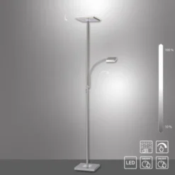 LED-Deckenfluter, stahlfarben, flexibler Lesearm, warmweiß, Touchschalter