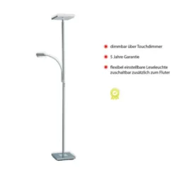 LED-Deckenfluter, stahlfarben, flexibler Lesearm, warmweiß, Touchschalter