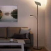 LED-Deckenfluter, stahlfarbig, dimmbar, Touchdimmer, Leselampe