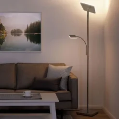 LED-Deckenfluter, stahlfarbig, dimmbar, Touchdimmer, Leselampe