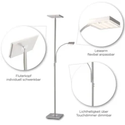 LED-Deckenfluter, stahlfarbig, dimmbar, Touchdimmer, Leselampe