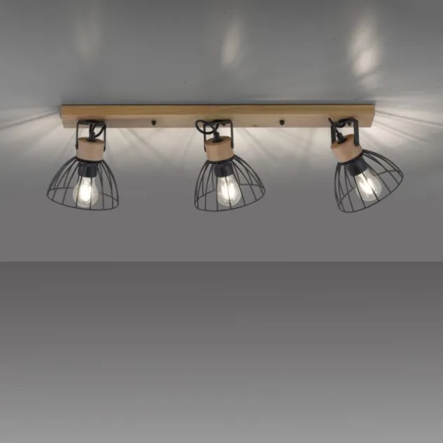 LED Deckenlampe LAMI 3 flammig Holz schwarz Metallschirme drehbar Wandlampe