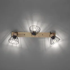 LED Deckenlampe LAMI 3 flammig Holz schwarz Metallschirme drehbar Wandlampe