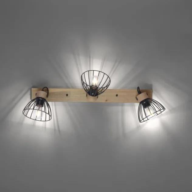 LED Deckenlampe LAMI 3 flammig Holz schwarz Metallschirme drehbar Wandlampe