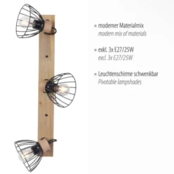 LED Deckenlampe LAMI 3 flammig Holz schwarz Metallschirme drehbar Wandlampe