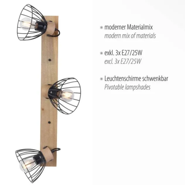 LED Deckenlampe LAMI 3 flammig Holz schwarz Metallschirme drehbar Wandlampe