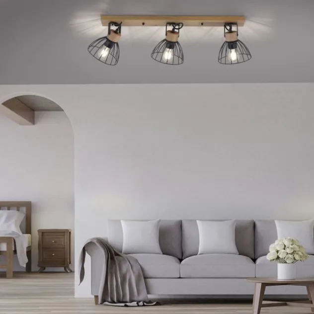 LED Deckenlampe LAMI 3 flammig Holz schwarz Metallschirme drehbar Wandlampe