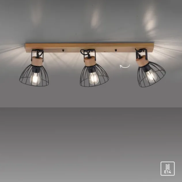 LED Deckenlampe LAMI 3 flammig Holz schwarz Metallschirme drehbar Wandlampe
