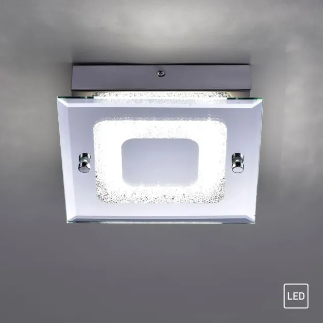 LED Deckenleuchte, chrom, Spiegelglasscheibe, Kristalloptik, modern, eckig