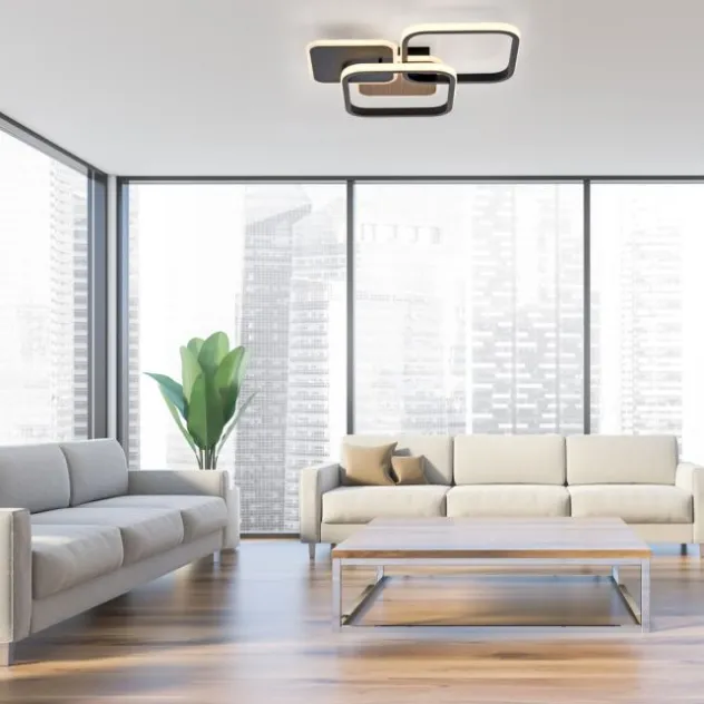 LED Deckenleuchte eckig schwarz mit Holzdekor warmweiß modern