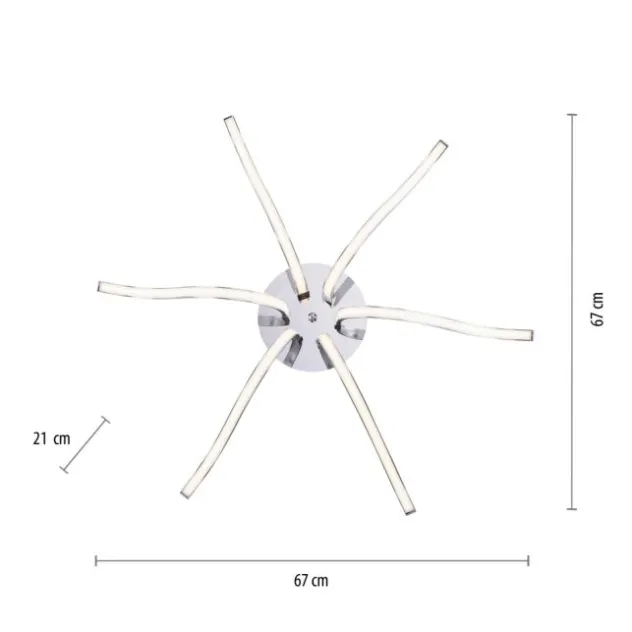 LED-Deckenleuchte, 6-flammig, chrom, 67x67 cm, filigrane Leuchtenarme