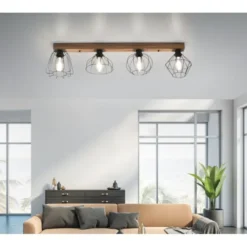 LED Deckenleuchte 4 flammig Holzdekor schwarze Metallschirme rustikal