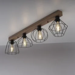 LED Deckenleuchte 4 flammig Holzdekor schwarze Metallschirme rustikal