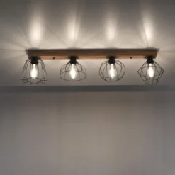 LED Deckenleuchte 4 flammig Holzdekor schwarze Metallschirme rustikal