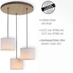 LED-Deckenleuchte, 3-flammig, Holz, Stoffschirme, 3xE27