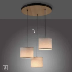 LED-Deckenleuchte, 3-flammig, Holz, Stoffschirme, 3xE27