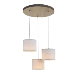 LED-Deckenleuchte, 3-flammig, Holz, Stoffschirme, 3xE27