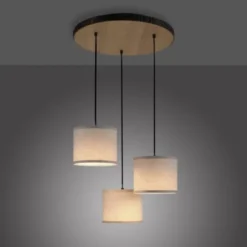 LED-Deckenleuchte, 3-flammig, Holz, Stoffschirme, 3xE27