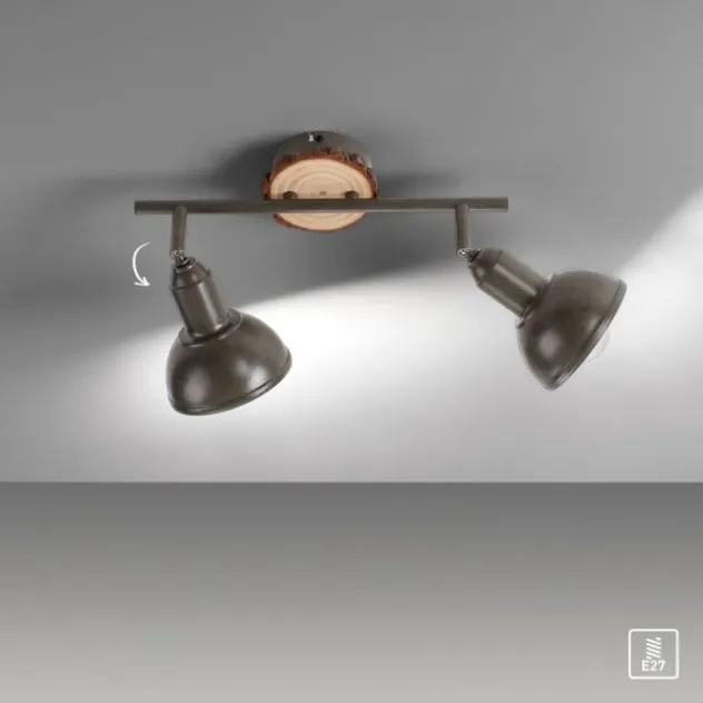 LED Deckenleuchte 2-flammig Metall Holz-natur grau Spots schwenkbar