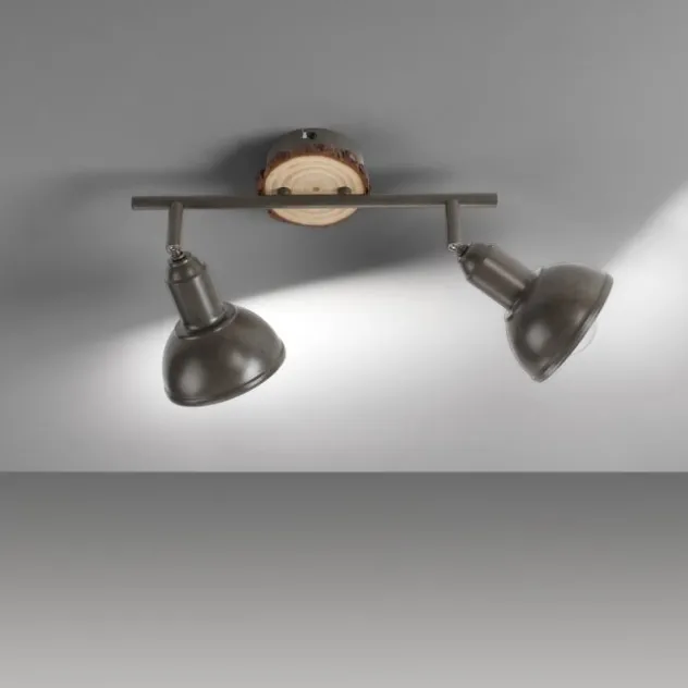 LED Deckenleuchte 2-flammig Metall Holz-natur grau Spots schwenkbar
